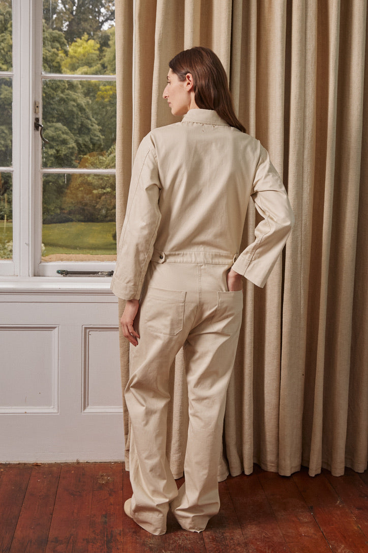 The cotton boiler suit in chalk.