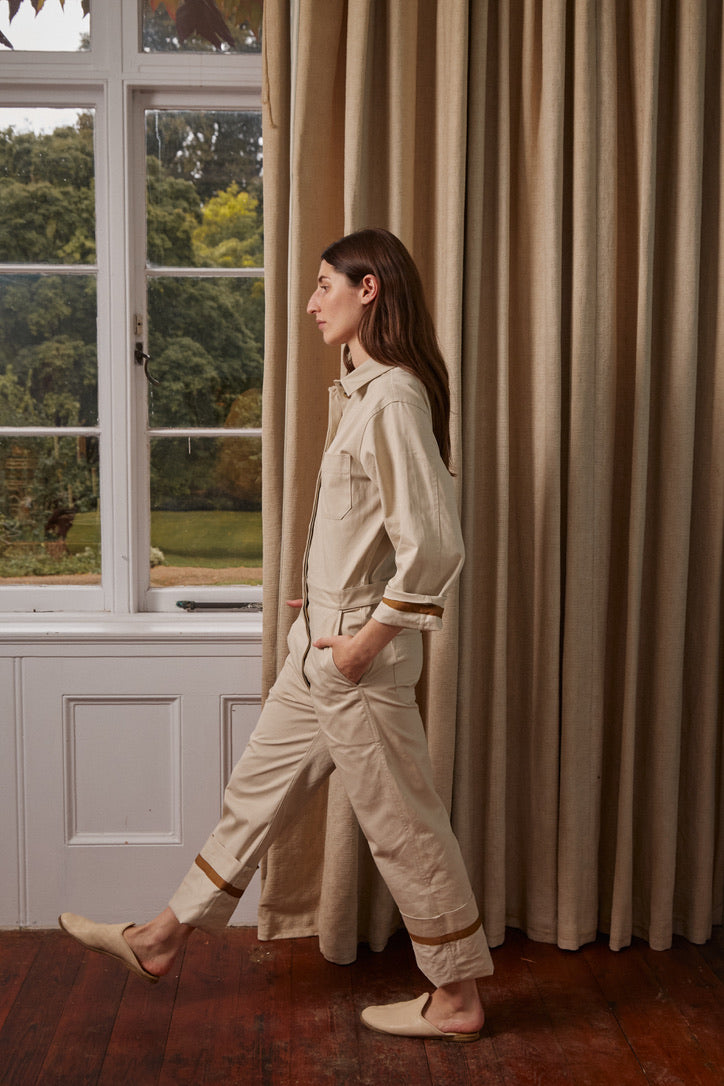 The cotton boiler suit in chalk.